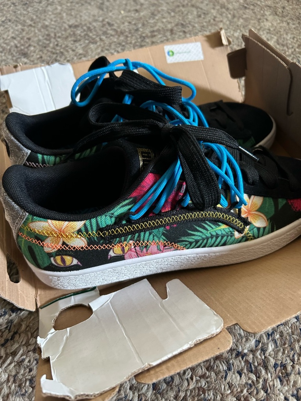 Puma Tropical Print Low-Top Sneakers with Bright Blue Laces